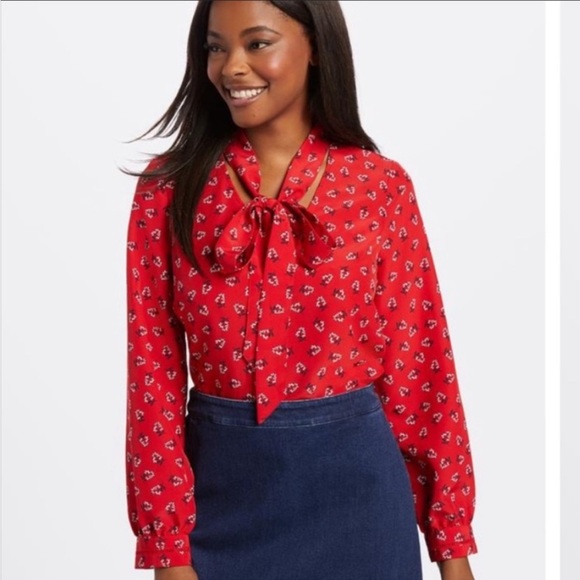 Draper James Lipstick Tie Neck Blouse in Lipstick Red Floral, Size XSmall - Picture 1 of 16